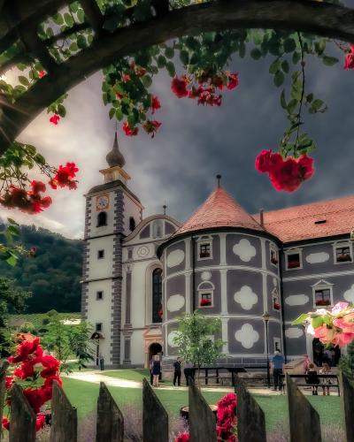 A view through a wooden archway of red roses looking towards a large monastery complex featuring a white church tower and a grey building with white quatrefoil patterns, set against a dramatic sky.