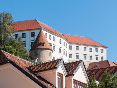 A large white castle with a red-tiled roof and a conical tower sits atop a hill, overlooking the red-tiled roofs of a historic town below under a clear blue sky.