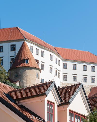 A large white castle with a red-tiled roof and a conical tower sits atop a hill, overlooking the red-tiled roofs of a historic town below under a clear blue sky.