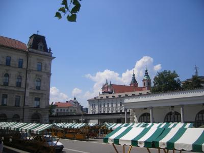 Market stalls by Plečnik's colonnade at the Ljubljana Central Market