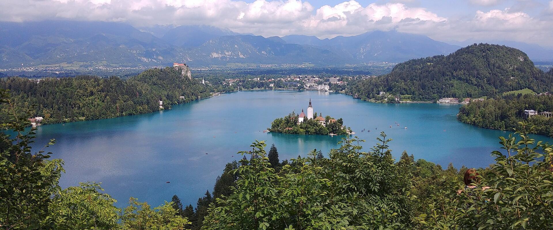 Lake Bled and its island church seen from the Ojstrica viewpoint