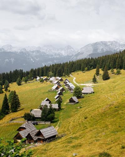 A high-angle view of a traditional alpine settlement with wooden chalets and huts arranged along a grassy slope, backed by a dense spruce forest and distant mountain peaks under a cloudy sky.
