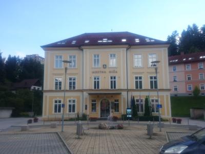 A yellow, three-story municipal building with a red tiled roof, identified by the text "MESTNA HIŠA" (Town Hall) above the entrance, situated in a paved town square with street lamps and a small fountain.