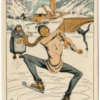 A vintage color lithograph illustration by V. Hodnik showing a man in a striped sweater and scarf ice skating on a frozen river or lake, with a woman watching and another skater in the background, set against a snowy landscape featuring a stone br