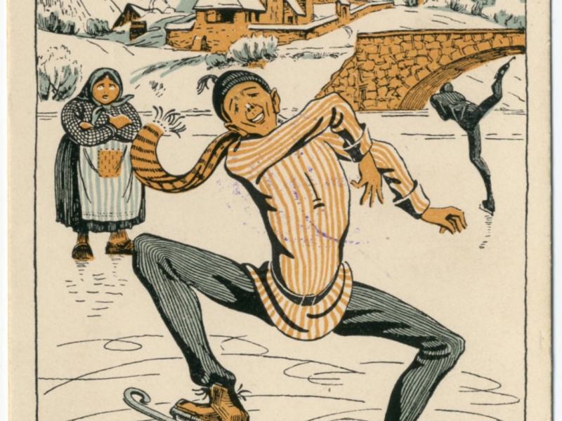 A vintage color lithograph illustration by V. Hodnik showing a man in a striped sweater and scarf ice skating on a frozen river or lake, with a woman watching and another skater in the background, set against a snowy landscape featuring a stone br