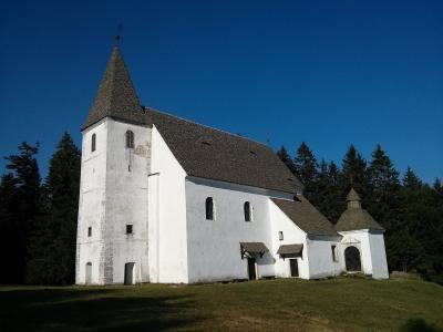 The white pilgrimage church of Sveti Areh in the Pohorje forests