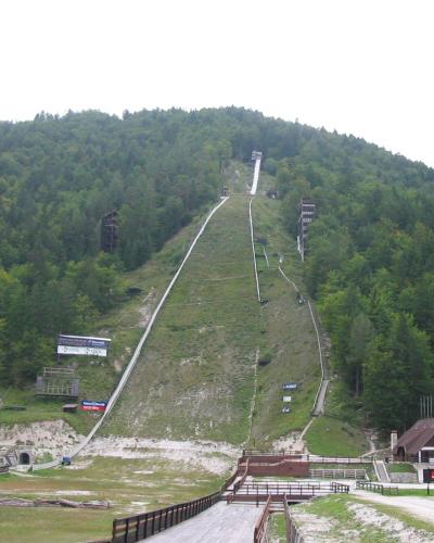 A large ski flying hill with a grassy in-run and landing slope, surrounded by forested hills, with buildings at the base and a mountain peak visible in the background.