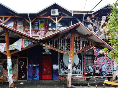 Graffiti-covered buildings of the Metelkova autonomous cultural zone in Ljubljana