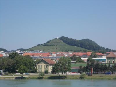 A wide landscape shot showing a distinctive conical, vine-covered hill with a small white chapel at its summit, rising above a town with red-roofed buildings and a river in the foreground.