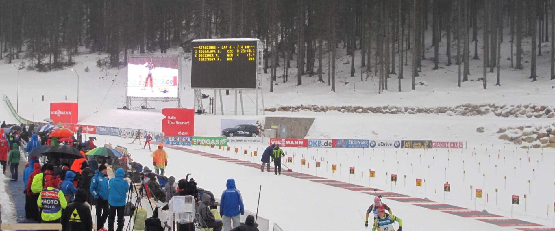The biathlon stadium on Pokljuka during a World Cup race