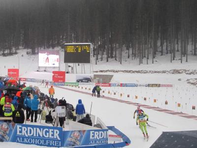 The biathlon stadium on Pokljuka during a World Cup race