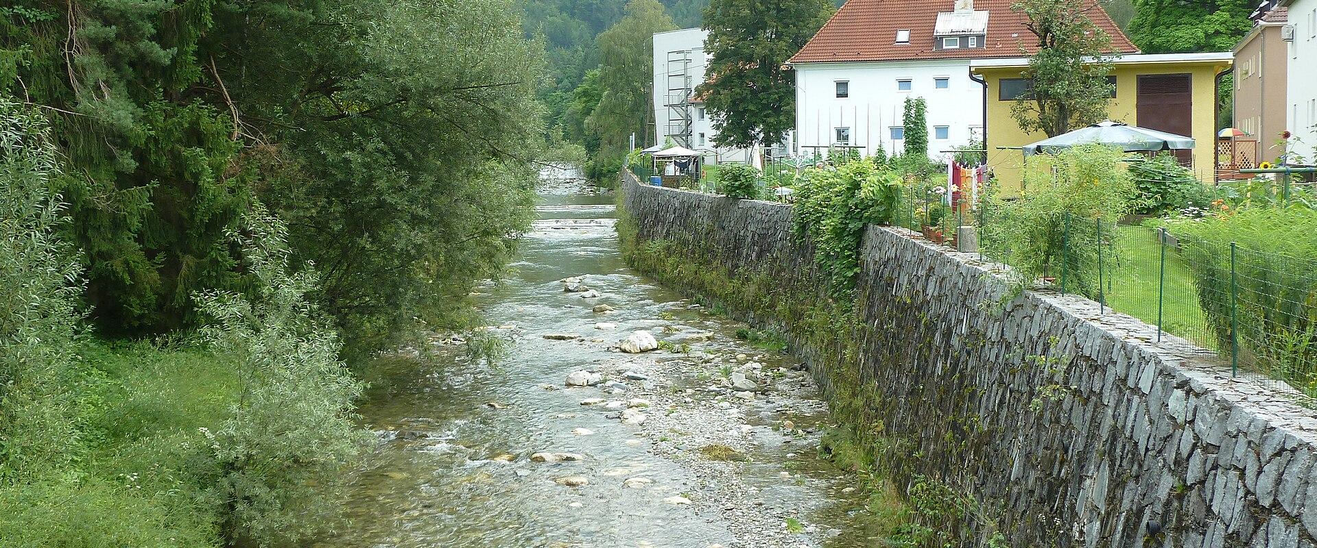 The Meža river flowing through Mežica in the Koroška hills