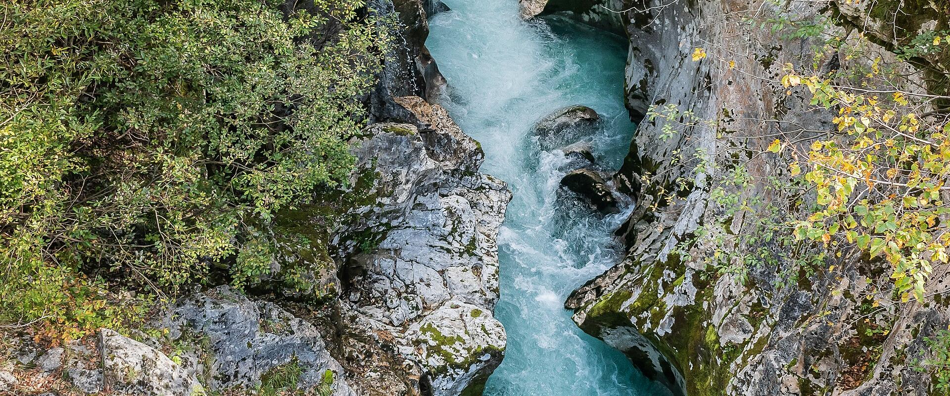 The turquoise Soča river in the Great Soča Gorge near Bovec