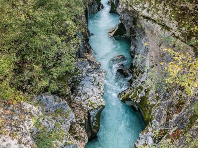 The turquoise Soča river in the Great Soča Gorge near Bovec