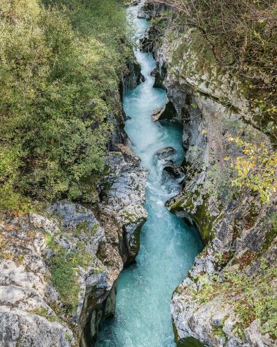 The turquoise Soča river in the Great Soča Gorge near Bovec
