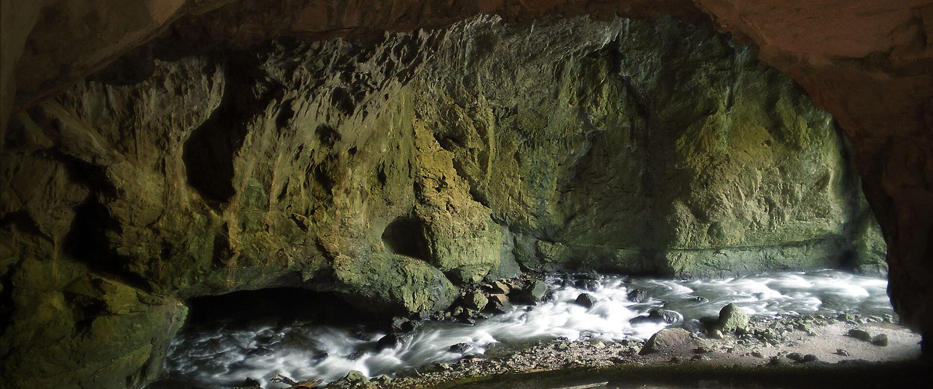 A view from inside a cave looking out towards a rushing underground river flowing through a rocky passage with moss-covered walls.