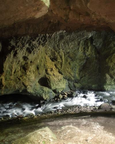A view from inside a cave looking out towards a rushing underground river flowing through a rocky passage with moss-covered walls.