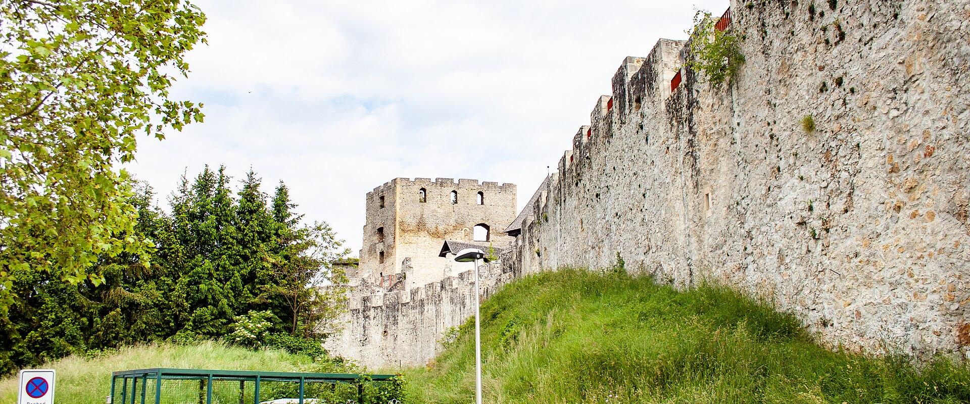 The walls of Celje's Old Castle climbing the hillside