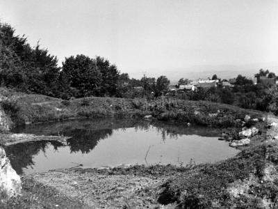 A black and white photograph showing a small, irregularly shaped pond or natural pool surrounded by grassy banks and trees, with a village visible in the background.