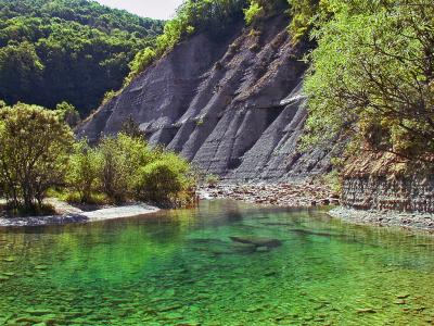 A green pool below the flysch walls of the Dragonja valley