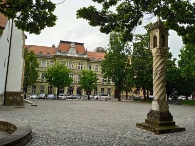 A cobblestone square featuring a prominent twisted stone column (the Plague Column) in the foreground, with a large yellow building labeled "POSTA SLOVENIJE" (Slovenian Post) in the background, framed by green trees.