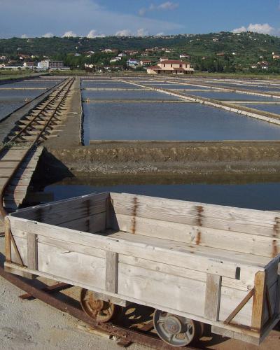 A wooden handcart on narrow-gauge tracks in the foreground, with extensive rectangular salt evaporation ponds and a green hillside village in the background.