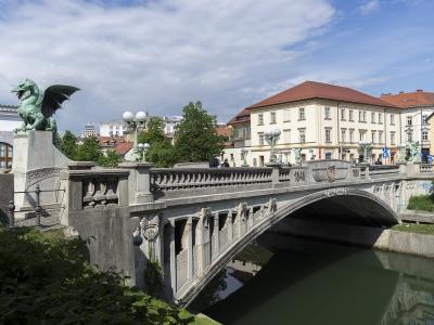 A stone arch bridge with prominent green dragon statues at its corners, spanning a river in an urban setting with European-style buildings in the background; visible inscriptions include "1848" and "1895" on the bridge’s parapet.
