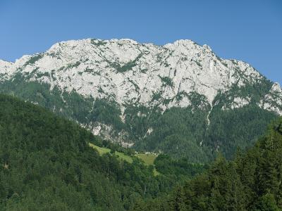 A large, rugged limestone mountain with a broad, rocky summit ridge rising above a dense green forest and a small settlement in the valley below.
