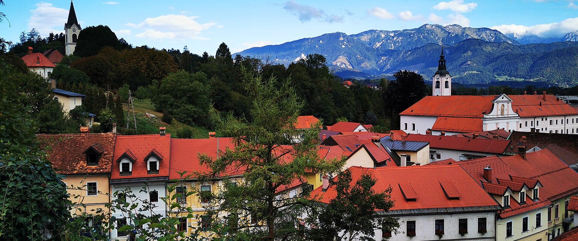 The red roofs of Kamnik old town beneath the Kamnik-Savinja Alps