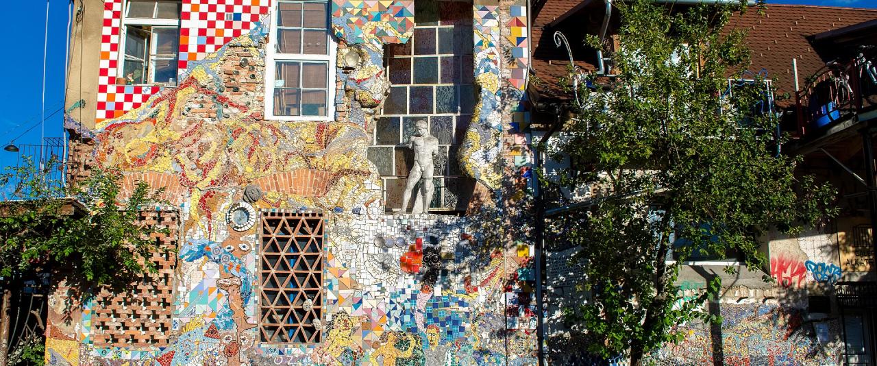 Mosaic-covered buildings of Metelkova in Ljubljana