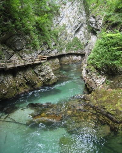A wooden walkway with railings built along the side of a steep, rocky gorge wall above a clear, turquoise river.